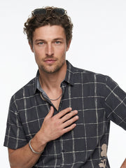 Black Band Collar Gingham Checks Casual Cotton Men's Shirt
