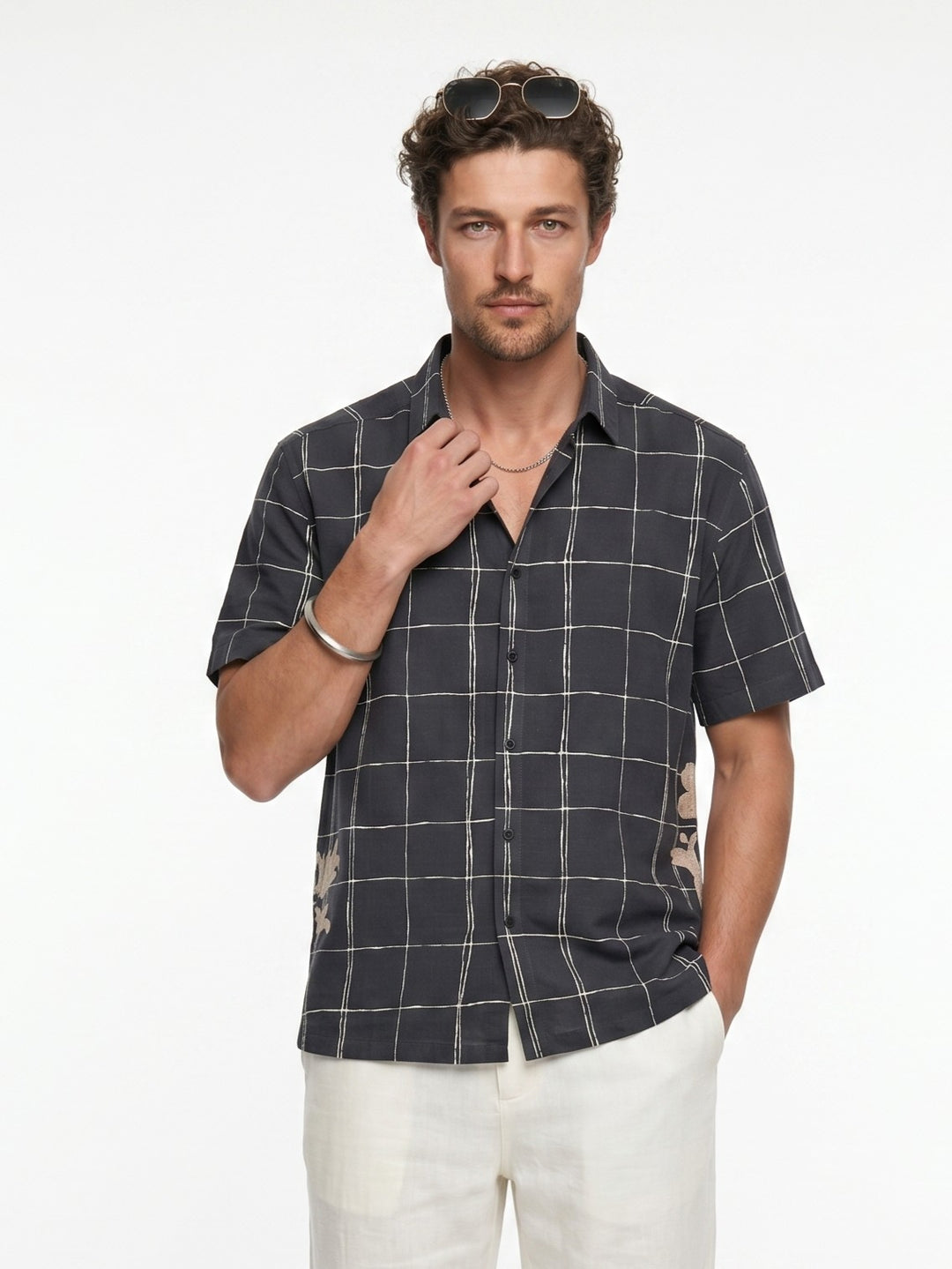 Black Band Collar Gingham Checks Casual Cotton Men's Shirt