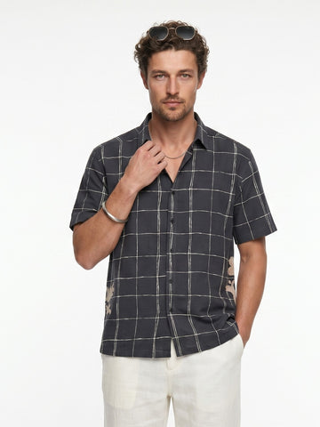 Black Band Collar Gingham Checks Casual Cotton Men's Shirt