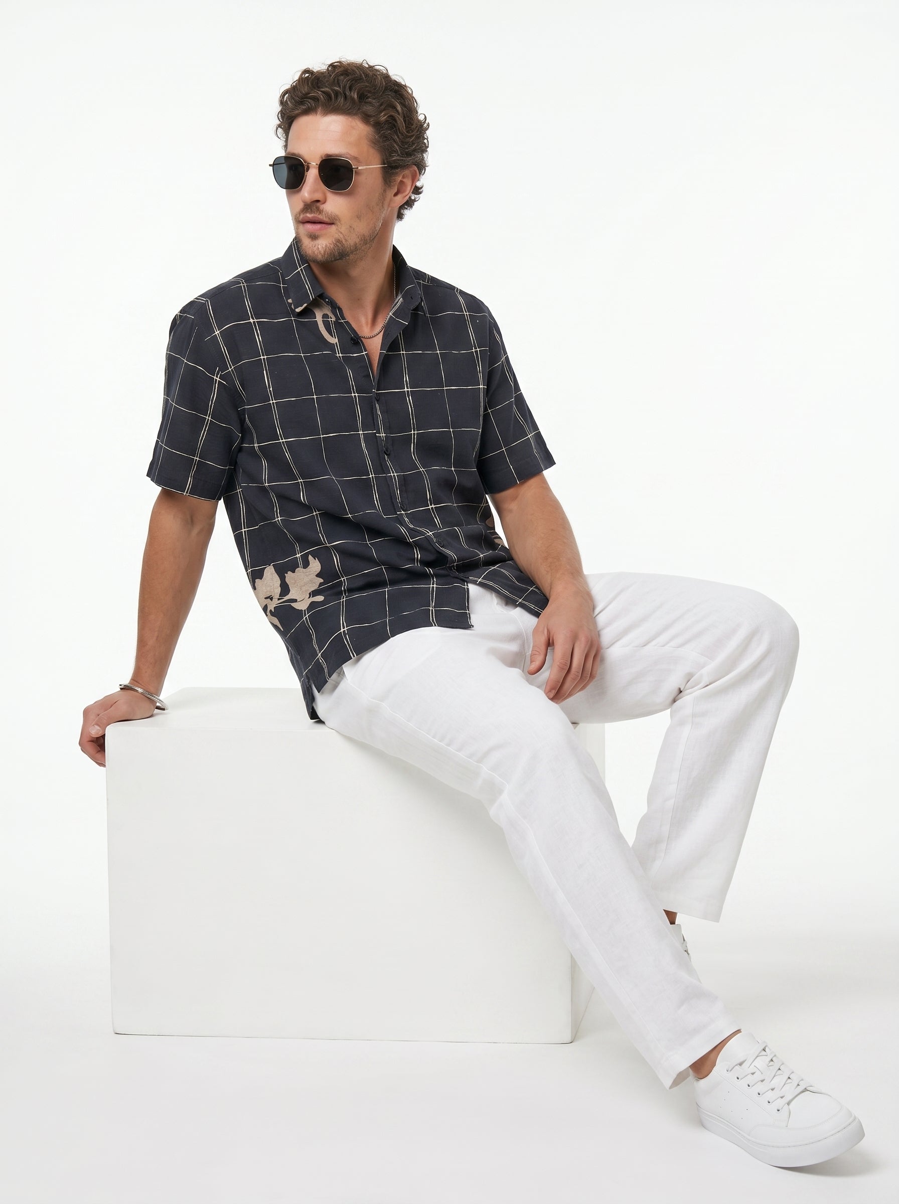 Black Band Collar Gingham Checks Casual Cotton Men's Shirt