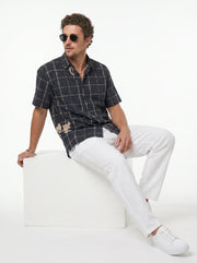 Black Band Collar Gingham Checks Casual Cotton Men's Shirt