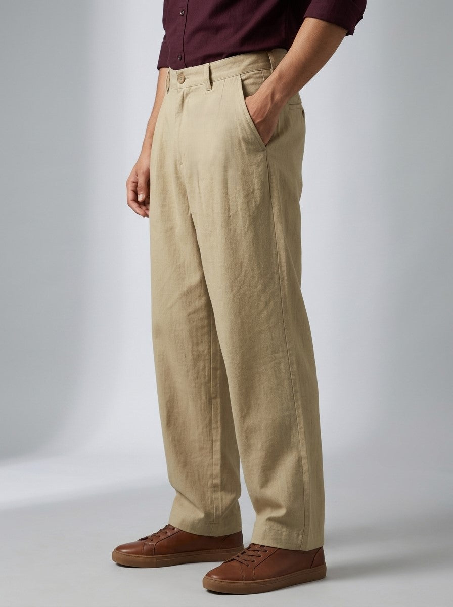 Beige Essential Wide-Leg Summer Trousers For Men's