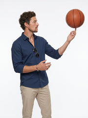 Blue Band Collar Solid Casual Cotton Men's Shirt
