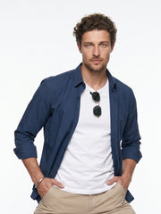 Blue Band Collar Solid Casual Cotton Men's Shirt
