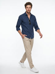 Blue Band Collar Solid Casual Cotton Men's Shirt