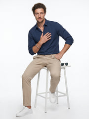 Blue Band Collar Solid Casual Cotton Men's Shirt