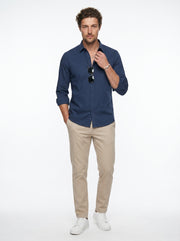 Blue Band Collar Solid Casual Cotton Men's Shirt