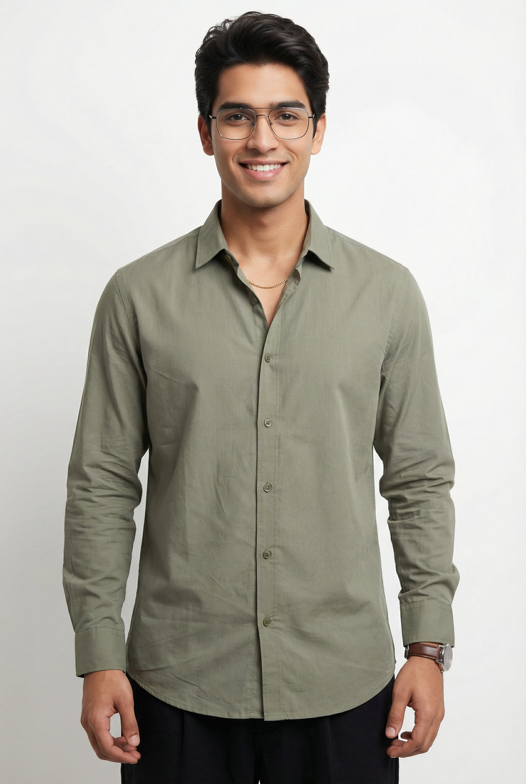 Olive Band Collar Solid Pure Cotton  Men's Shirt