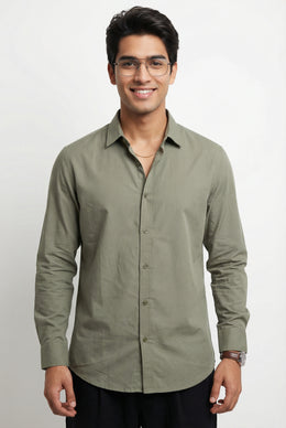 Olive Band Collar Solid Pure Cotton  Men's Shirt