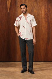 White & Red Abstract Printed Cotton Cuban Collar Short Sleeve Shirt
