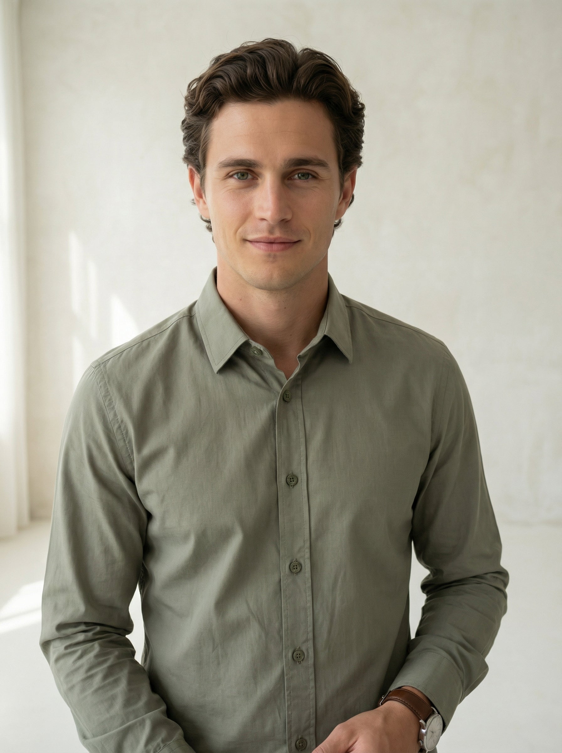 Olive Band Collar With Full Sleeves Solid Pure Cotton Men's Shirt