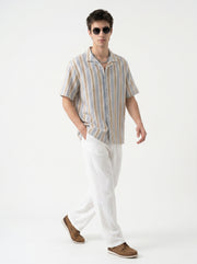 Off White Cuban Collar Vertical Stripes Cotton Oversized Men's Shirt