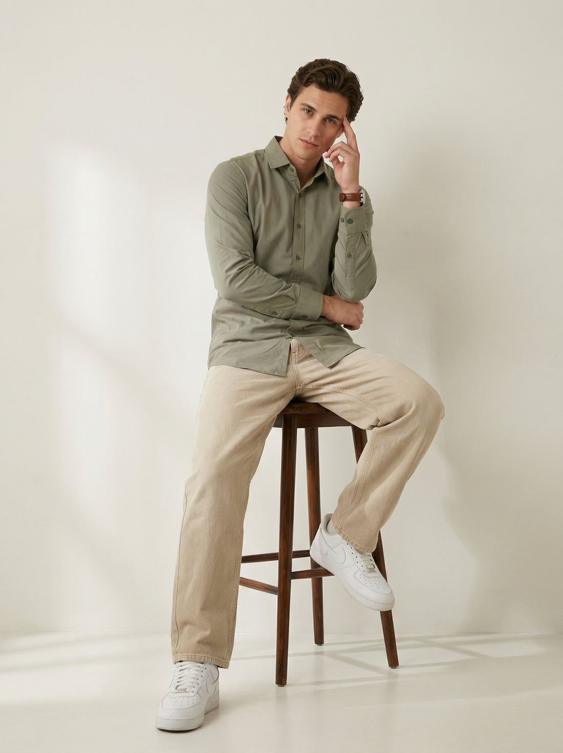 Olive Band Collar With Full Sleeves Solid Pure Cotton Men's Shirt