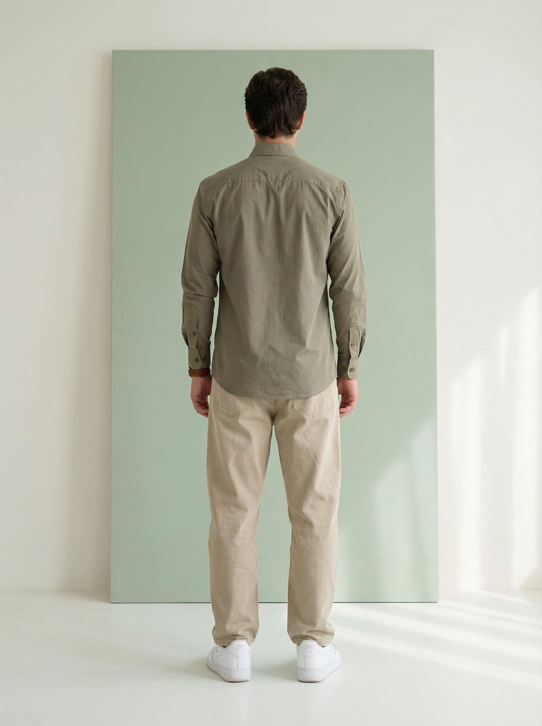Olive Band Collar With Full Sleeves Solid Pure Cotton Men's Shirt
