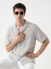 Off White Cuban Collar Vertical Stripes Cotton Oversized Men's Shirt
