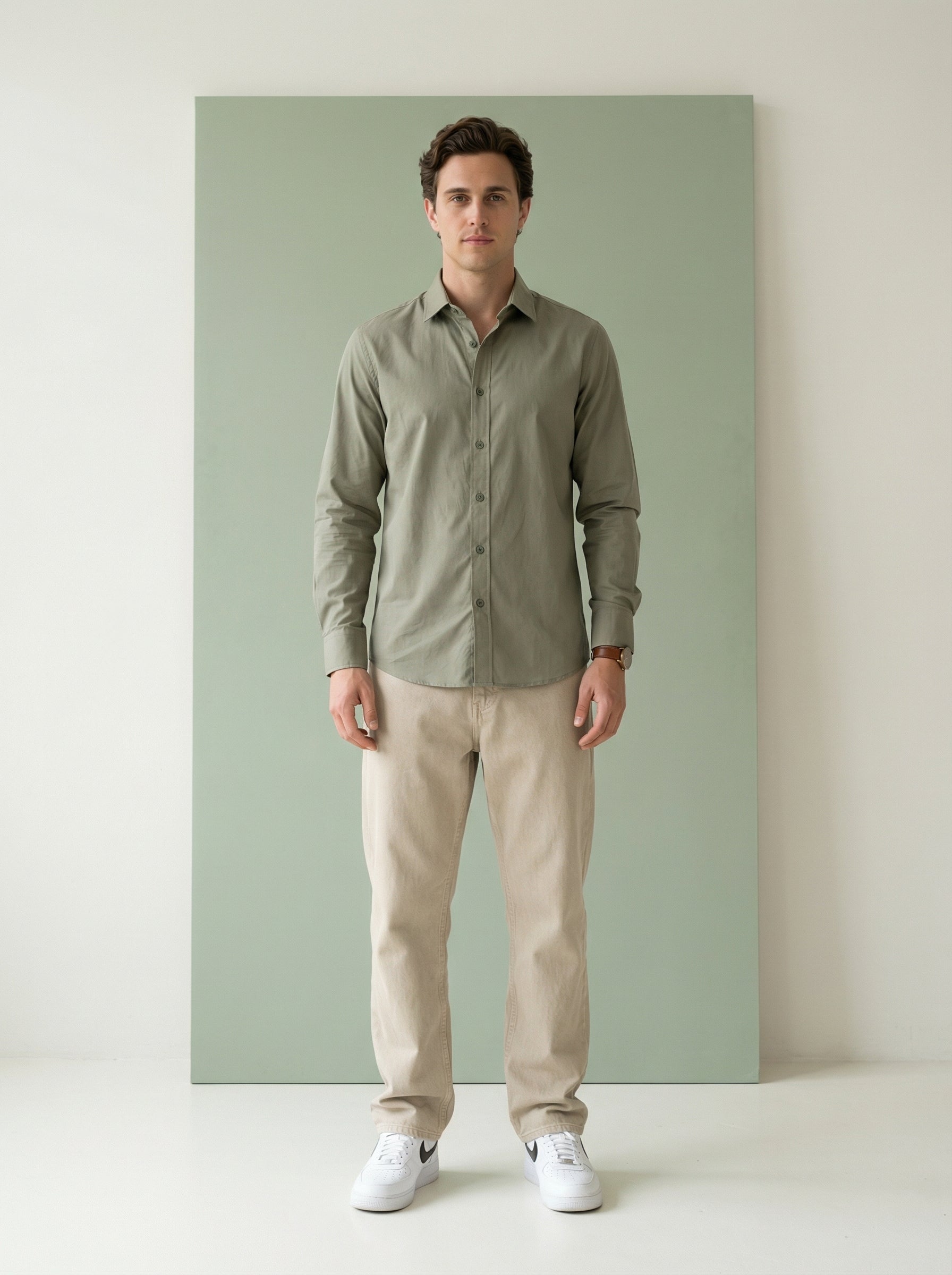 Olive Band Collar With Full Sleeves Solid Pure Cotton Men's Shirt