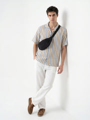 Off White Cuban Collar Vertical Stripes Cotton Oversized Men's Shirt