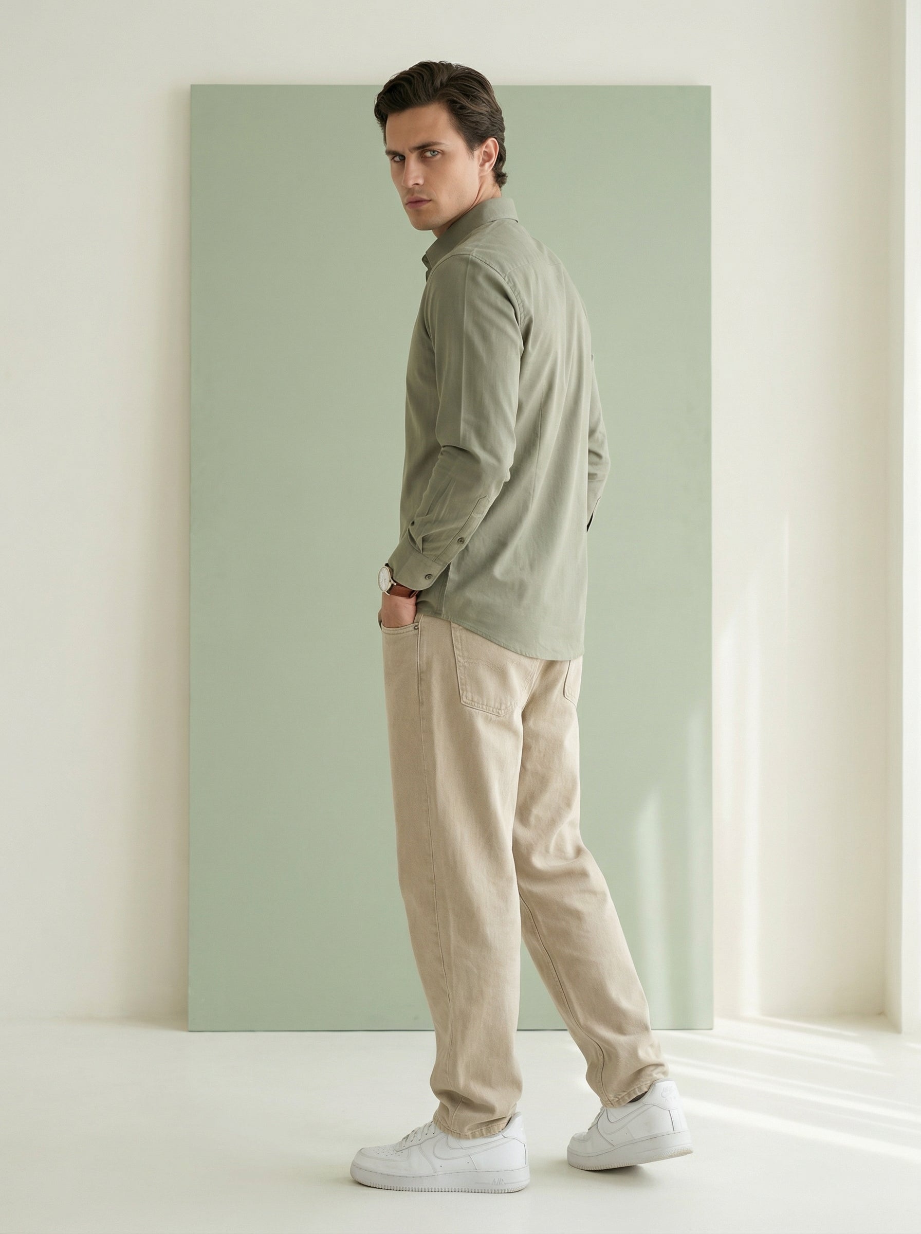 Olive Band Collar With Full Sleeves Solid Pure Cotton Men's Shirt