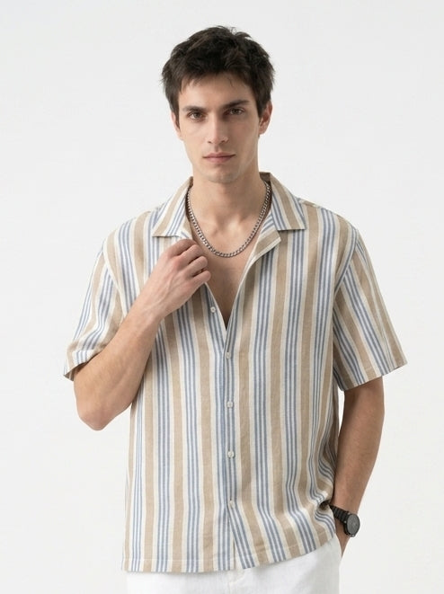 Off White Cuban Collar Vertical Stripes Cotton Oversized Men's Shirt