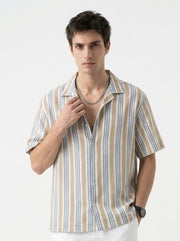 Off White Cuban Collar Vertical Stripes Cotton Oversized Men's Shirt