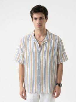 Off White Cuban Collar Vertical Stripes Cotton Oversized Men's Shirt