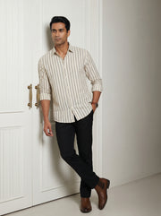 Black Striped Band Collar Handloom Cotton Men's Shirt