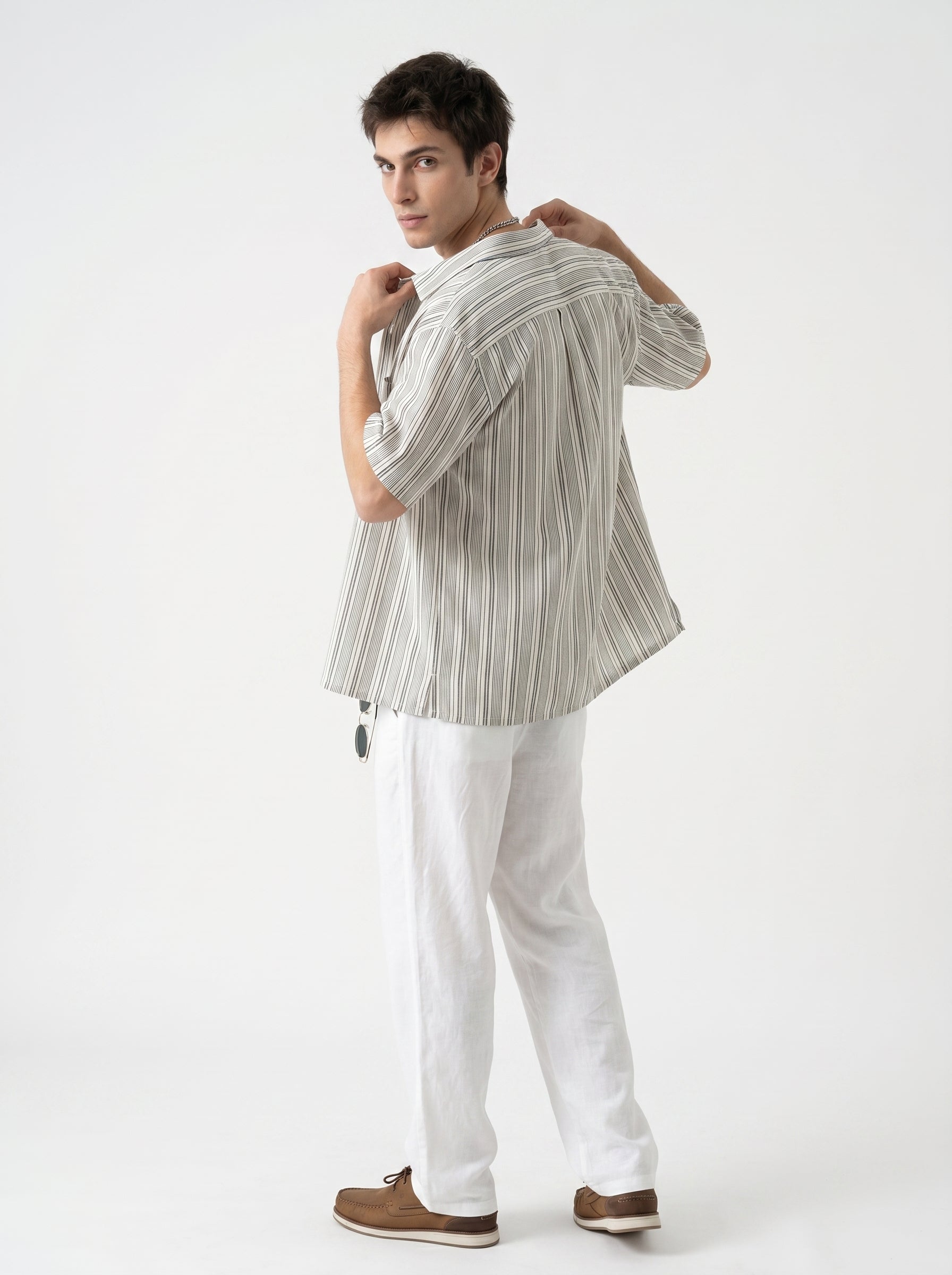 Off White Cuban Collar Striped Embroidred Casual Cotton Oversized Men's Shirt