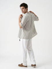 Off White Cuban Collar Striped Embroidred Casual Cotton Oversized Men's Shirt
