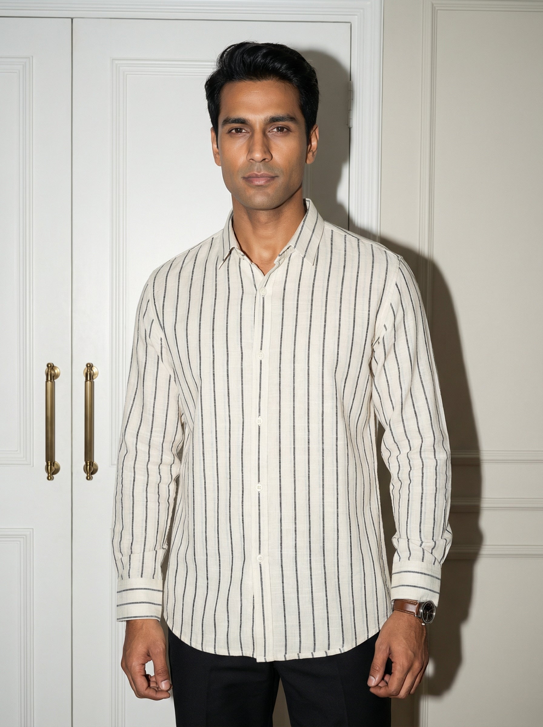 Black Striped Band Collar Men's Shirt (Handloom Fabric)