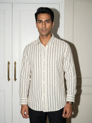 Black Striped Band Collar Handloom Cotton Men's Shirt