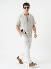Off White Cuban Collar Striped Embroidred Casual Cotton Oversized Men's Shirt