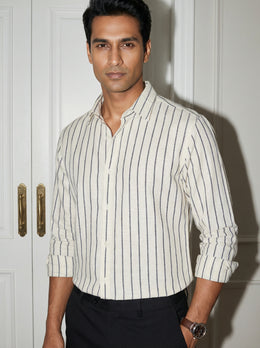 Black Striped Band Collar Handloom Cotton Men's Shirt
