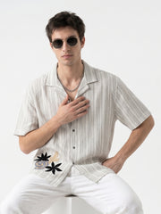 Off White Cuban Collar Striped Embroidred Casual Cotton Oversized Men's Shirt