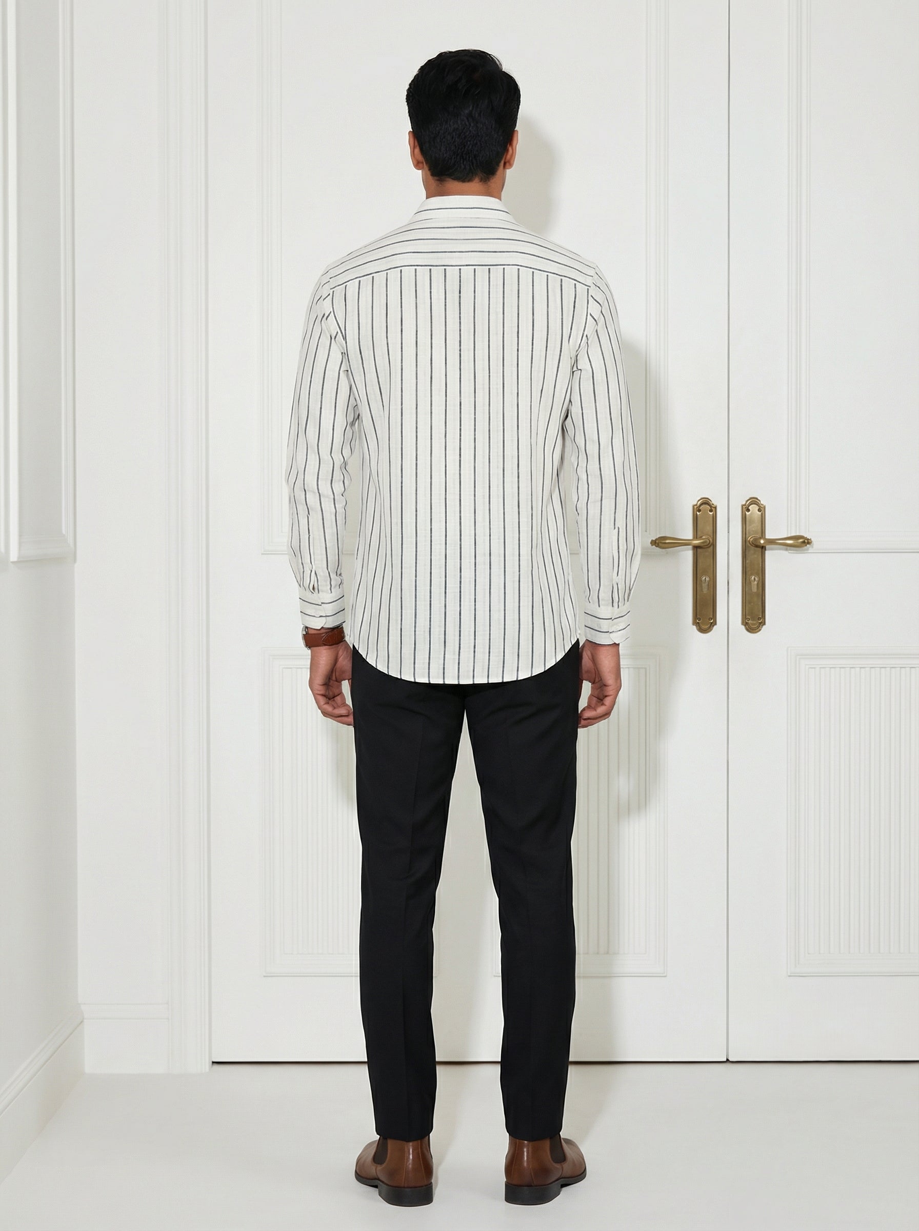 Black Striped Band Collar Men's Shirt (Handloom Fabric)