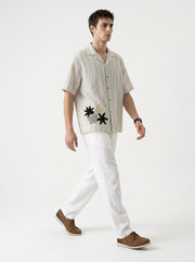 Off White Cuban Collar Striped Embroidred Casual Cotton Oversized Men's Shirt