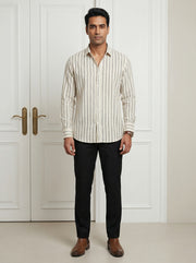 Black Striped Band Collar Handloom Cotton Men's Shirt