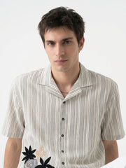 Off White Cuban Collar Striped Embroidred Casual Cotton Oversized Men's Shirt