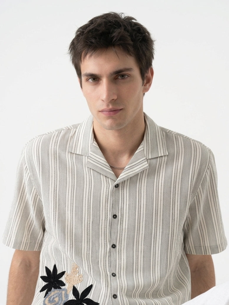 Off White Cuban Collar Striped Embroidred Casual Cotton Oversized Men's Shirt
