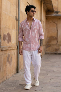 Rust Stripes Floral Print Handloom Cotton Spread Collar Men's Shirt
