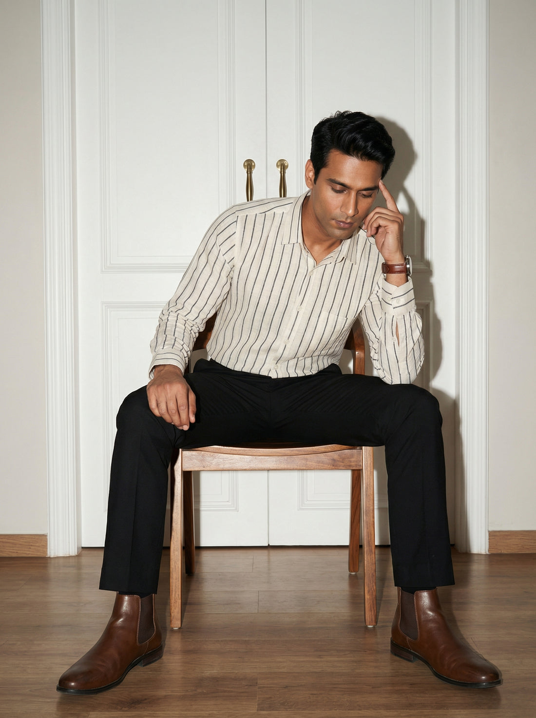 Black Striped Band Collar Men's Shirt (Handloom Fabric)