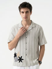 Off White Cuban Collar Striped Embroidred Casual Cotton Oversized Men's Shirt