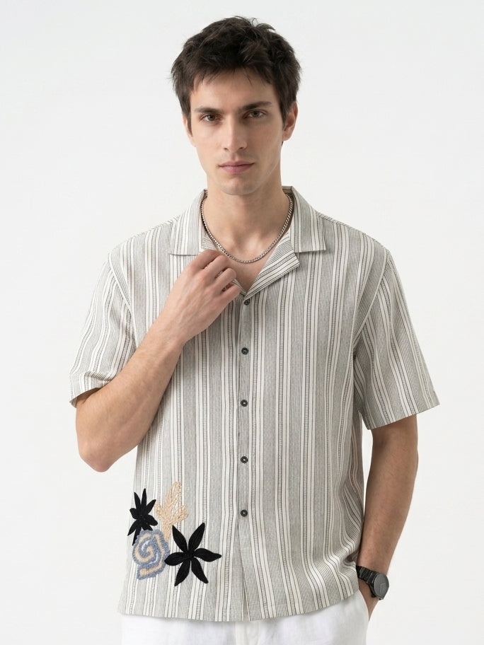 Off White Cuban Collar Striped Embroidred Casual Cotton Oversized Men's Shirt