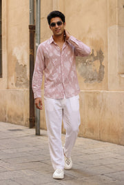 Rust Stripes Floral Print Handloom Cotton Spread Collar Men's Shirt