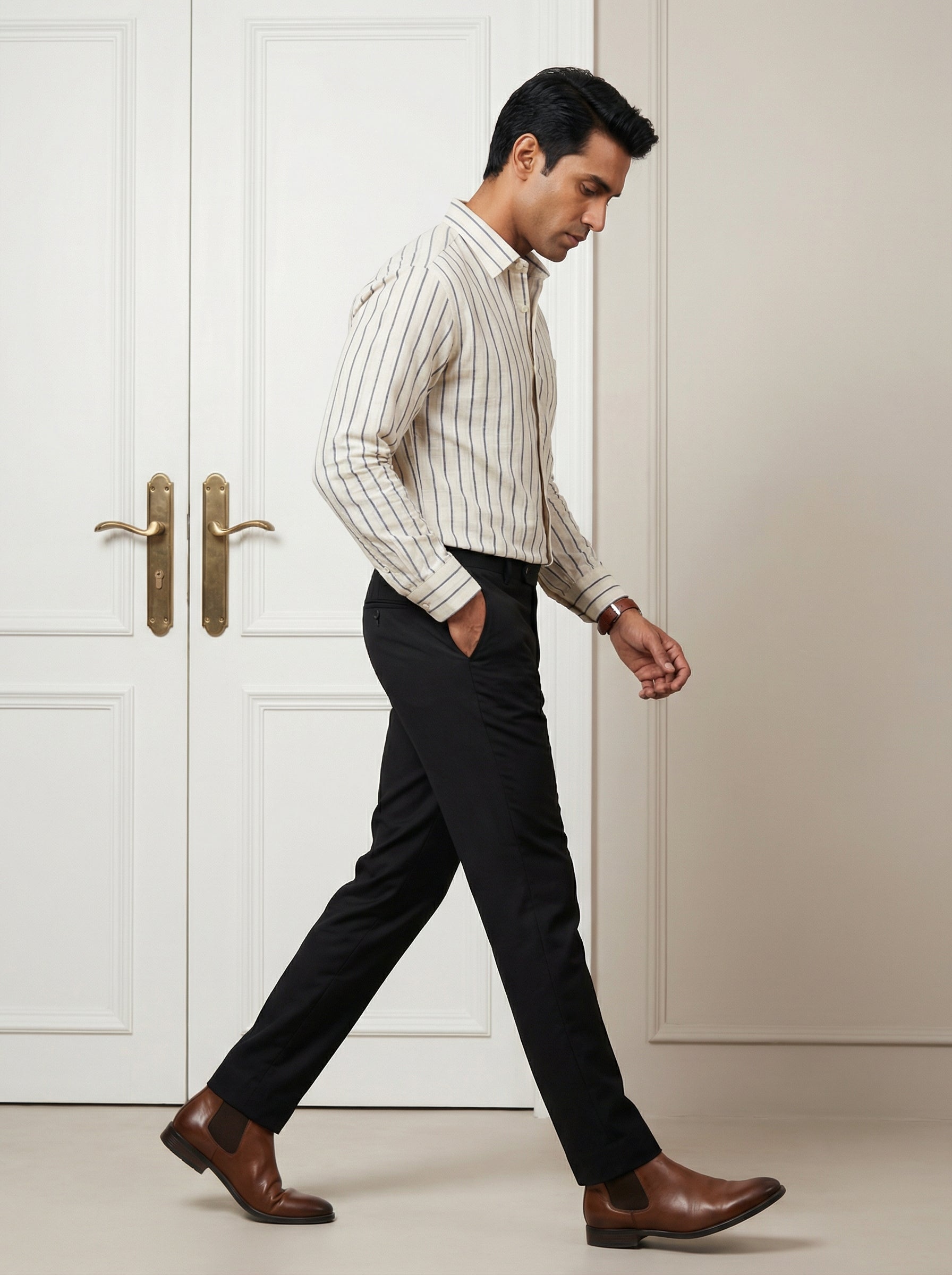 Black Striped Band Collar Men's Shirt (Handloom Fabric)