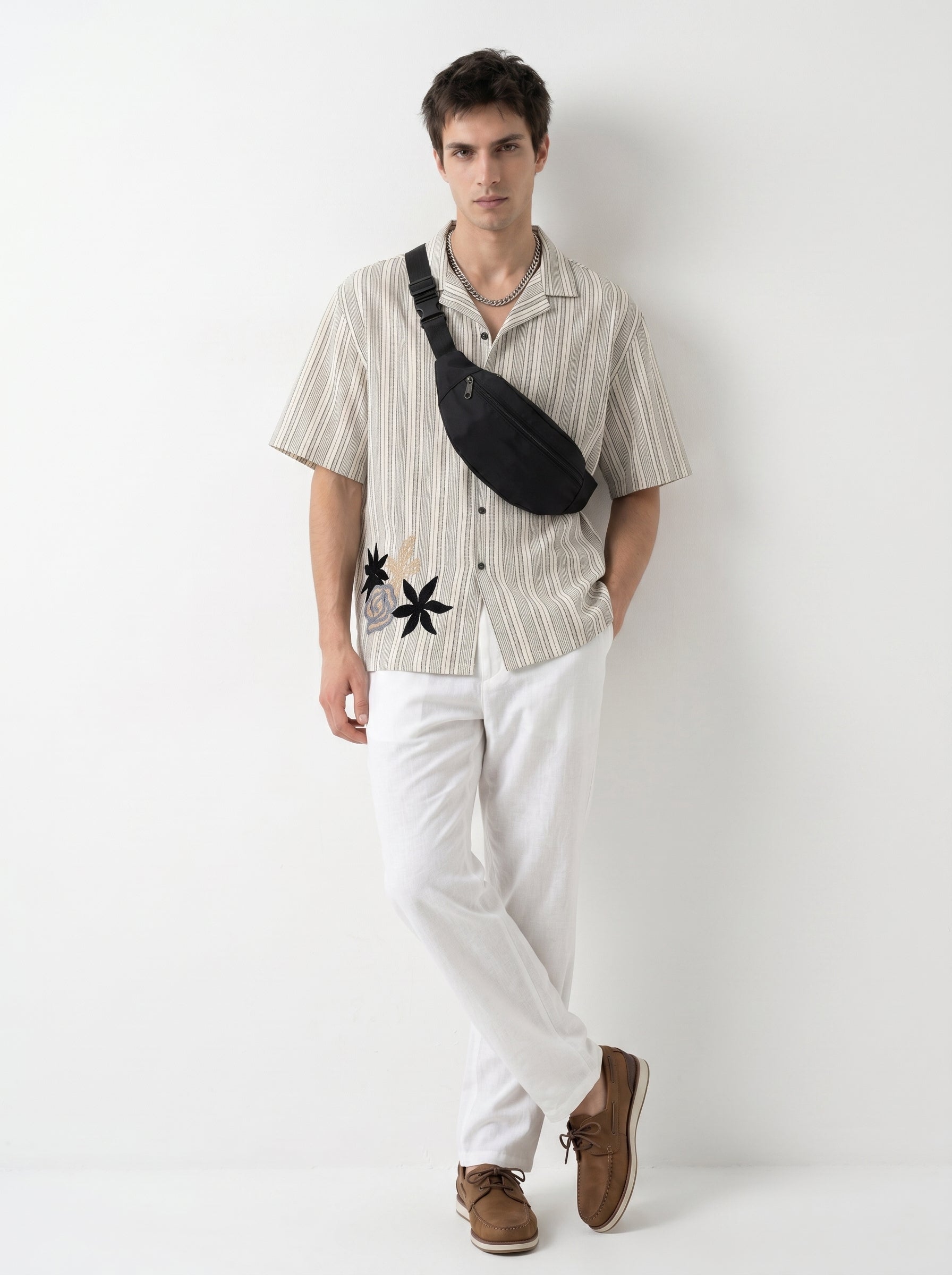 Off White Cuban Collar Striped Embroidred Casual Cotton Oversized Men's Shirt