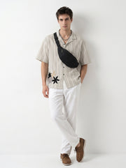 Off White Cuban Collar Striped Embroidred Casual Cotton Oversized Men's Shirt