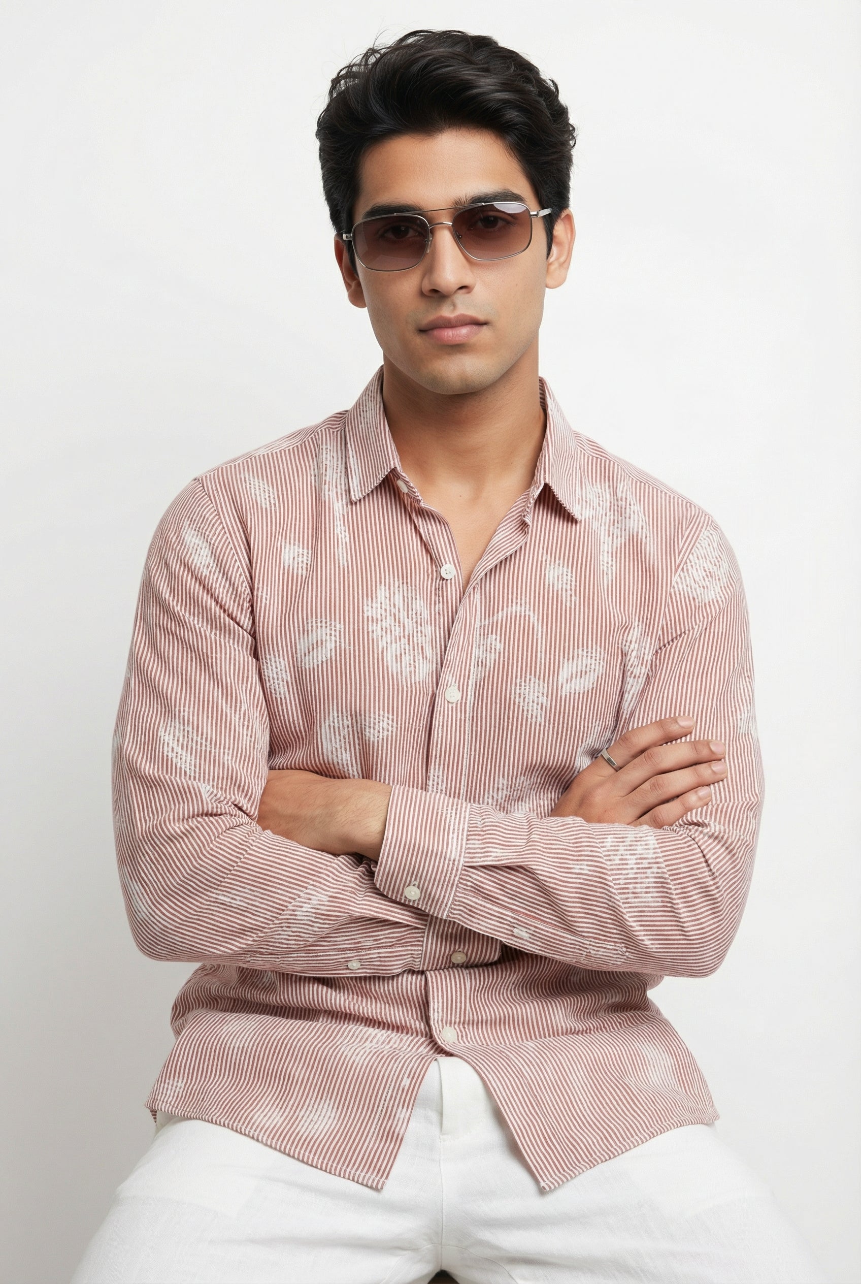 Rust Floral Print Spread Collar Men's Shirt (Handloom Fabric)