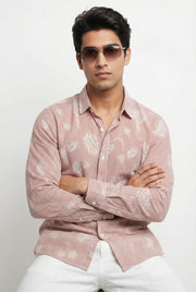 Rust Stripes Floral Print Handloom Cotton Spread Collar Men's Shirt
