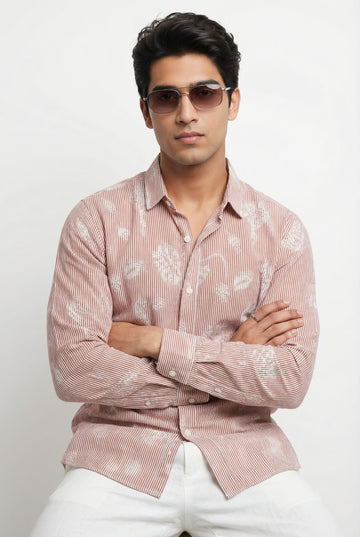 Rust Floral Print Spread Collar Men's Shirt (Handloom Fabric)