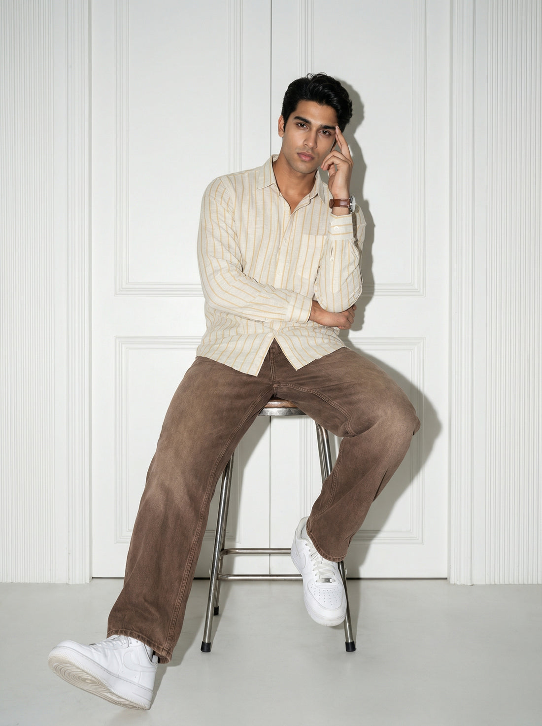 Yellow Striped Band Collar Men's Shirt (Handloom Fabric)